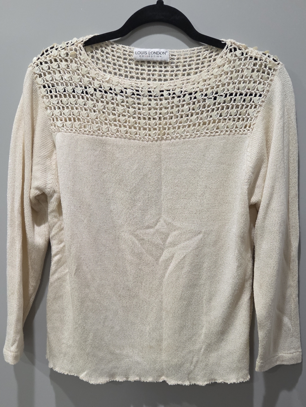 Open Crochet Yoke Scoop Neck Sweater in Cream